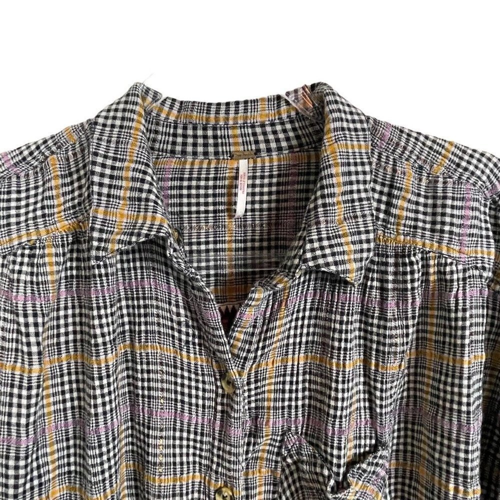 Free People Button Up Black Pink Orange  Metallic‎ Plaid Shirt Size M - Picture 2 of 8